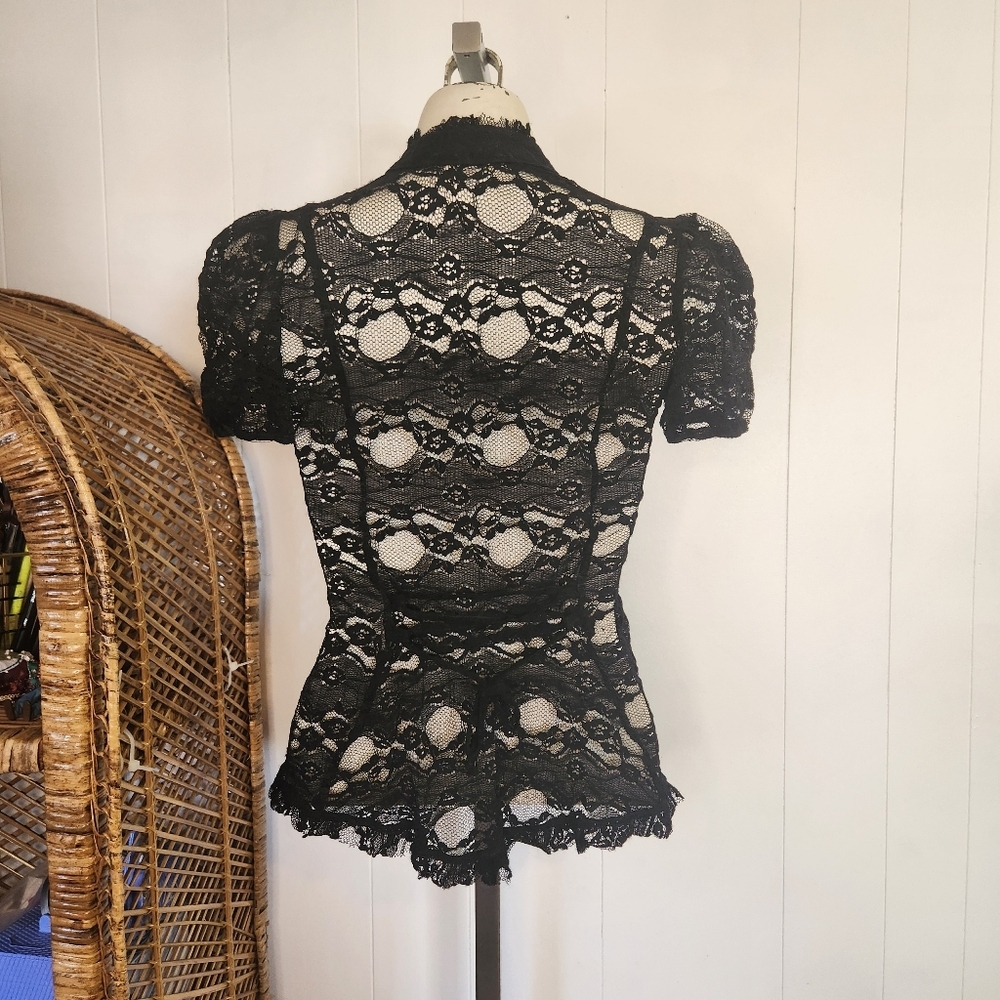 Y2K Whimsigoth Black Sheer Lace Top Blouse Shirt Vintage Size Small Goth Grunge - Picture 8 of 13
